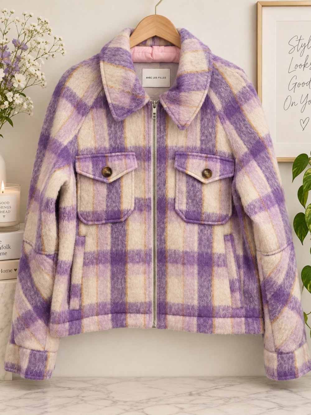 Avec Les Filles Lavender Plaid Zip Front Jacket Size L